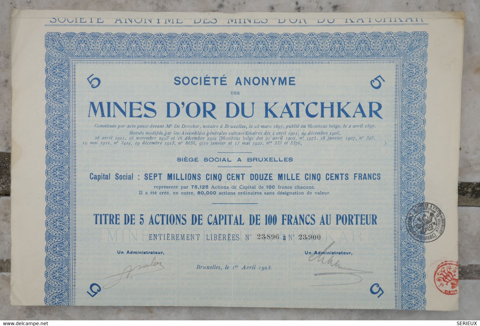 &5    1923 SOCIETE  MINES D OR KATCHKAR  +++++DIVISE 75000 ACTIONS ++++ - Miniere