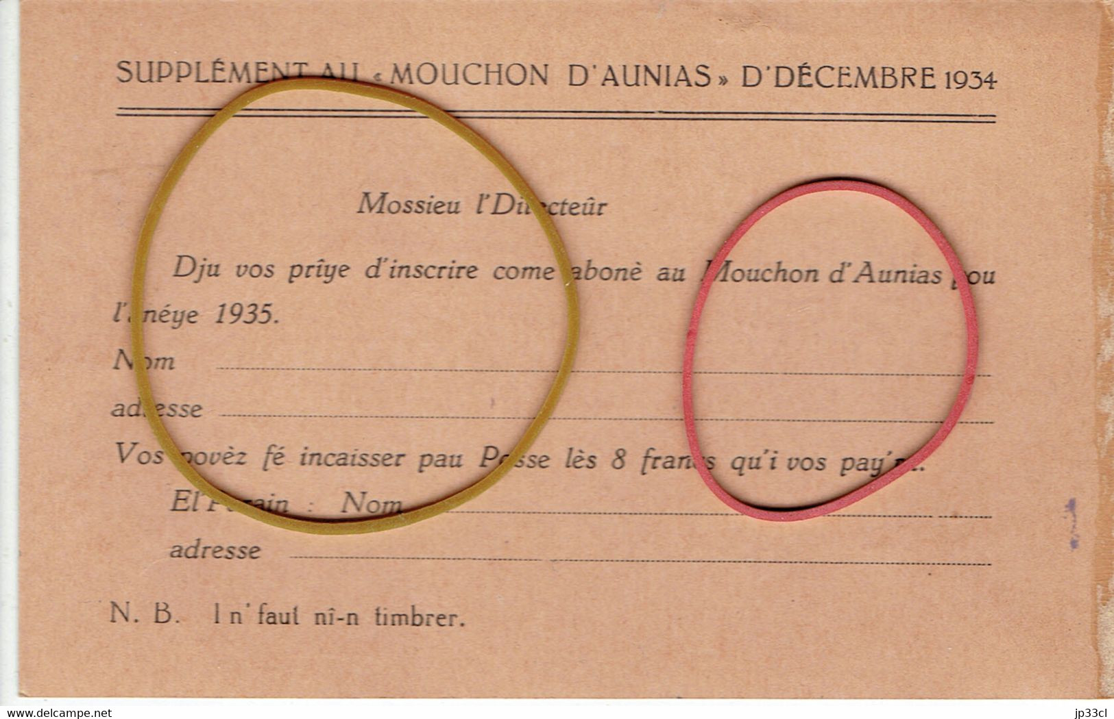 Bulletin De Réabonnement à La Revue Mouchon D'Aunias (La Louvière, Déc. 1934) à Adresser à M. Alfred Pourbaix, Président - Ohne Zuordnung