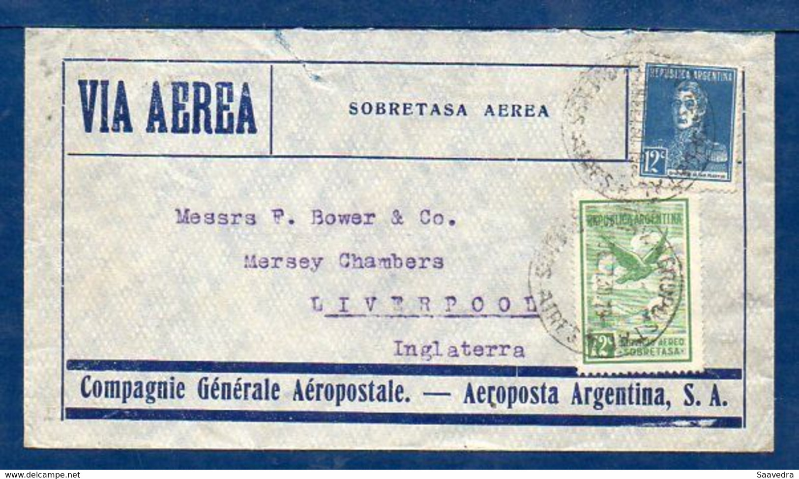 Argentina (Buenos Aires) To Liverpool (England), 1930, Via Aeropostale - Brieven En Documenten