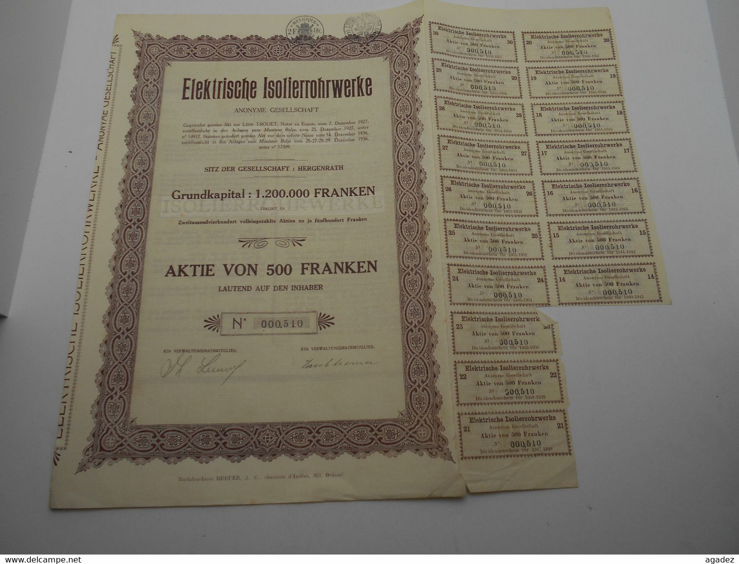 Action Aktie Von 500 Franken  "Elektrische Isolierrohrwerke " Hergenrath  Electricité 1936  Belgique.N°000510 - Electricidad & Gas