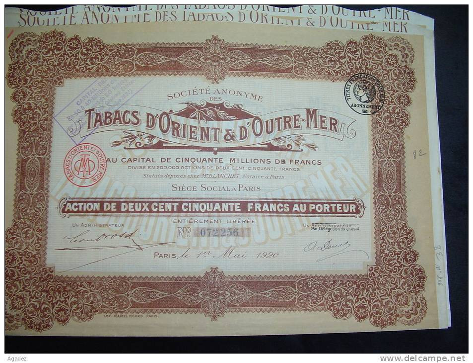 Action " Tabacs D'Orient Et D'outre Mer " Paris 1920 Excellent état,reste Des Coupons. - Industrie