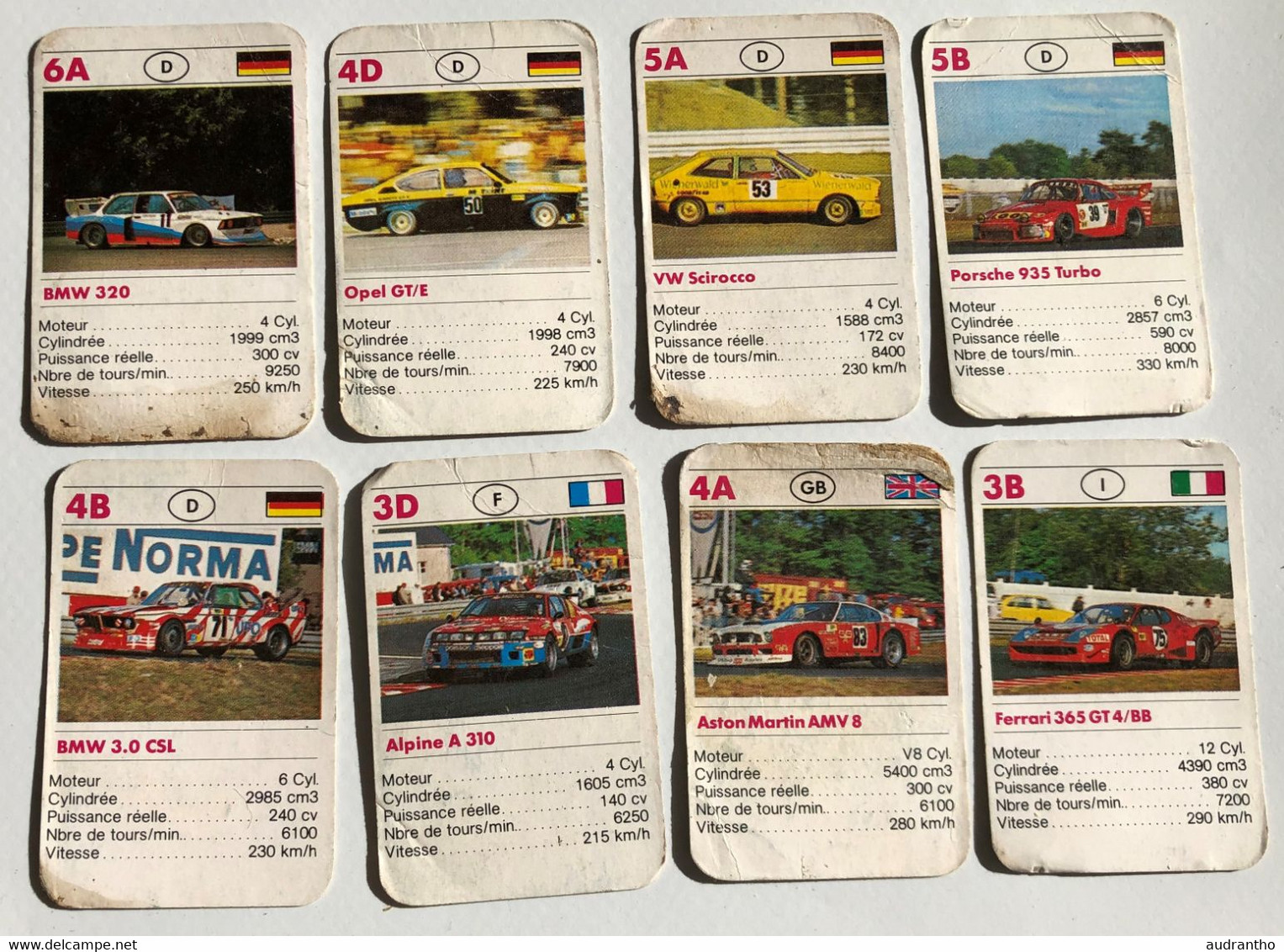 8 Mini-cartes Rallye Course De Voitures Alpine Porsche 953 VW Sirocco BMW Ferrari 365 GT4 Aston Martin - Trading-Karten