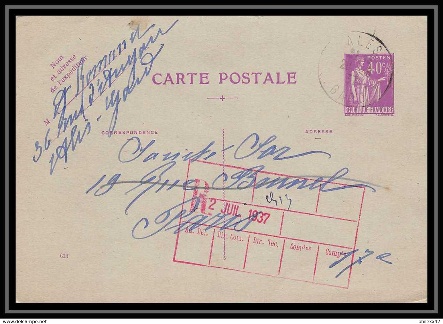 4391 40c Paix Recommande Ales Gard 1937 France Entier Postal Stationery - Standaardpostkaarten En TSC (Voor 1995)