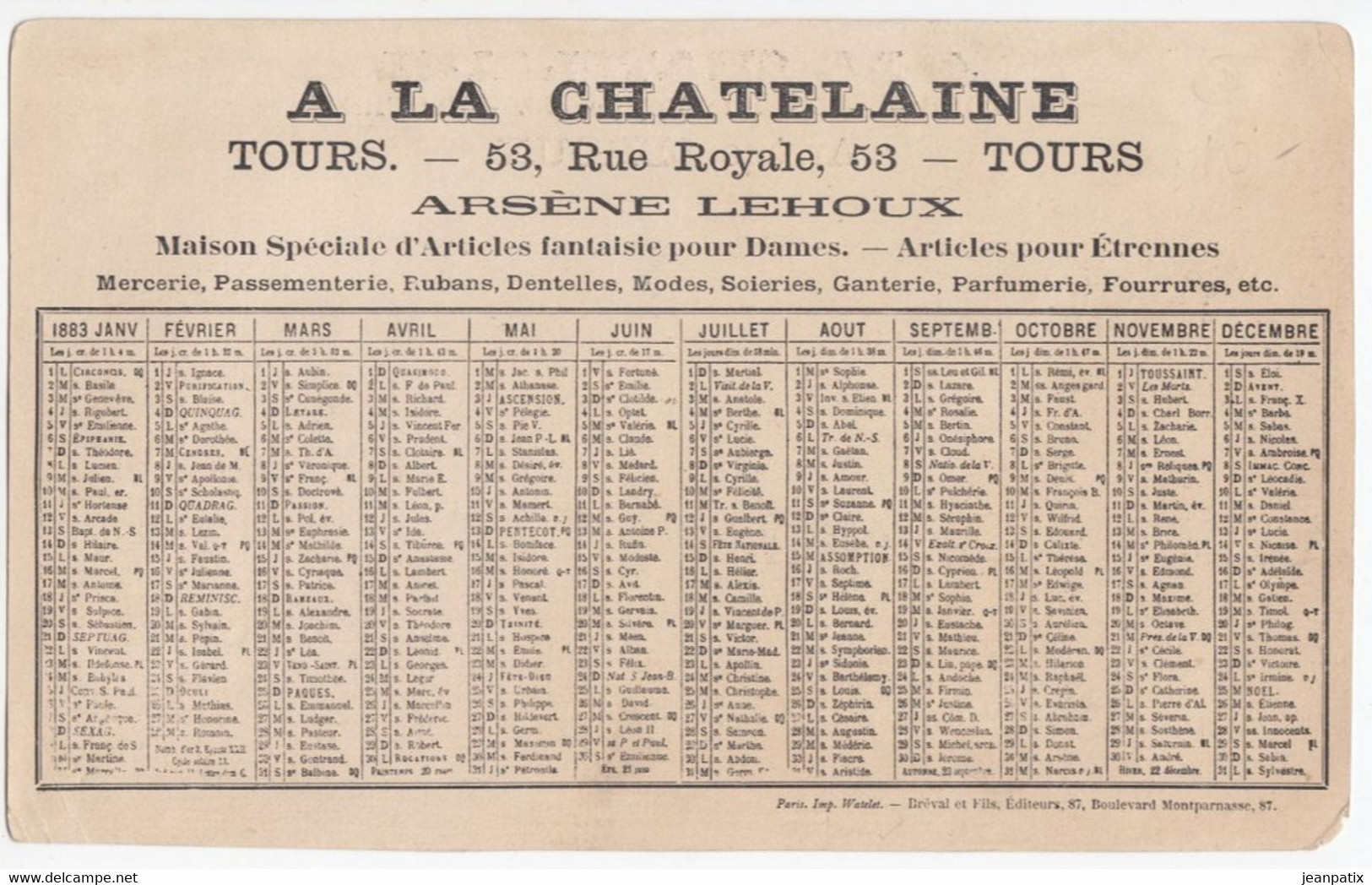 Calendrier 1883 - A La Chatelaine - Arsène LEHOUX - 53, Rue Royale TOURS - Groot Formaat: ...-1900