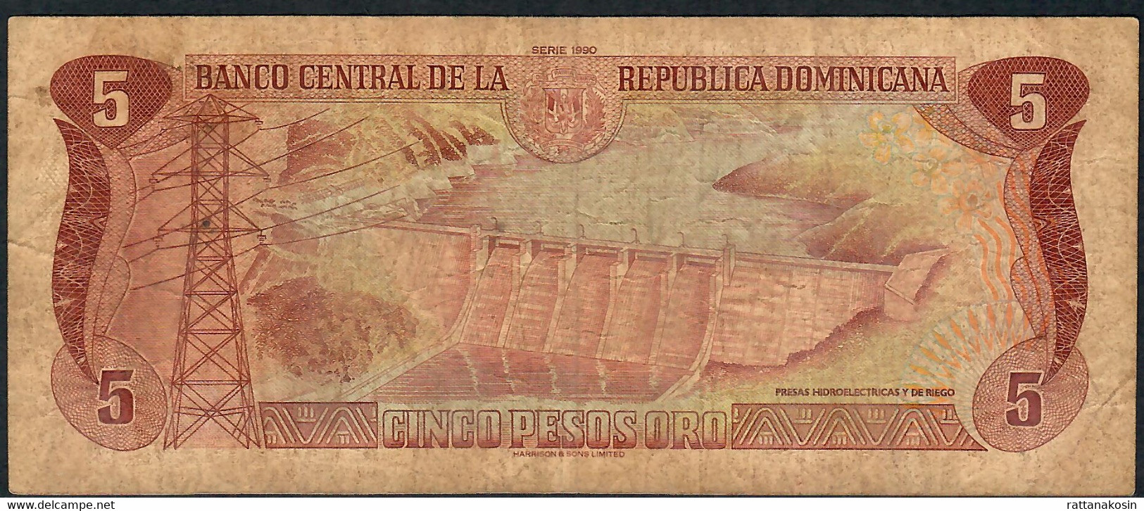 DOMINICAN REPUBLIC P131 5 PESOS ORO 1990   FINE FOLDS  NO P.h. - Repubblica Dominicana