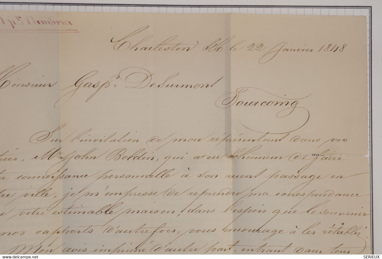 AZ20 OUTREMER COLONIES  BELLE LETTRE RARE 22 01 1848 CHARLESTON  POUR FOURCOING FRANCE  PAR BOSTON  +AFFR. INTERESSANT. - …-1845 Prefilatelia