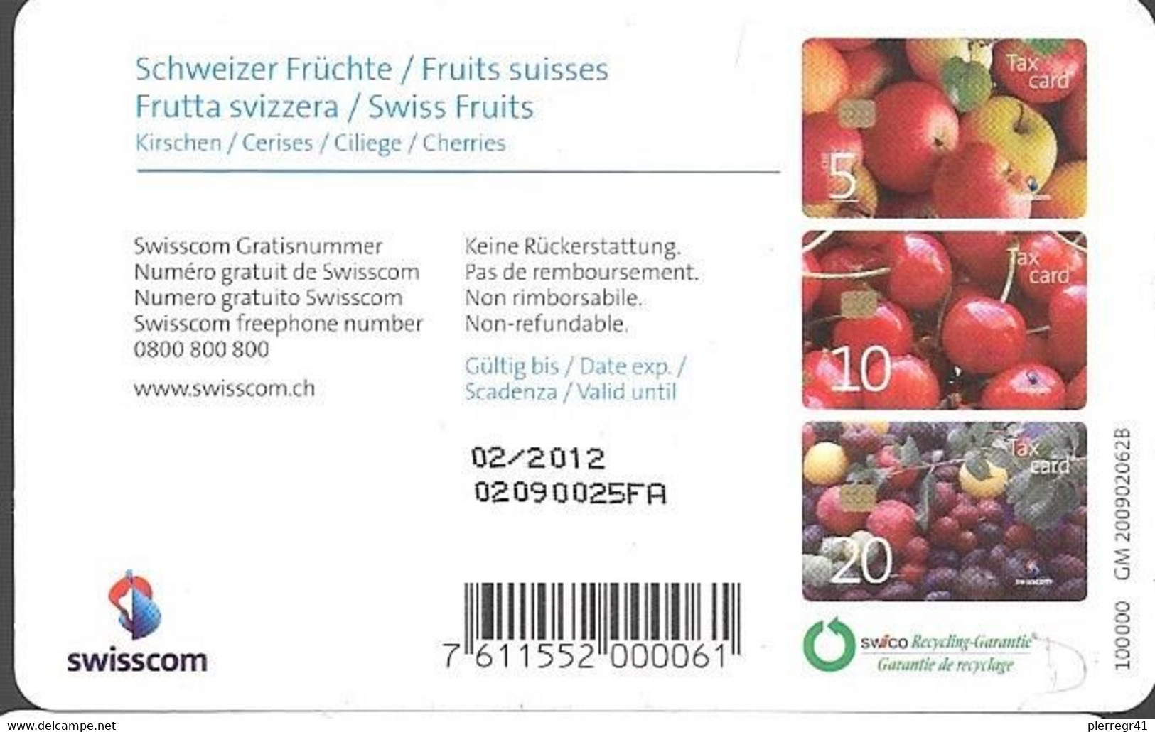 -CARTE-PUCE-SUISSE01-2002-10-FRUITS SUISSE-CERISES-T BE-RARE - Alimentation
