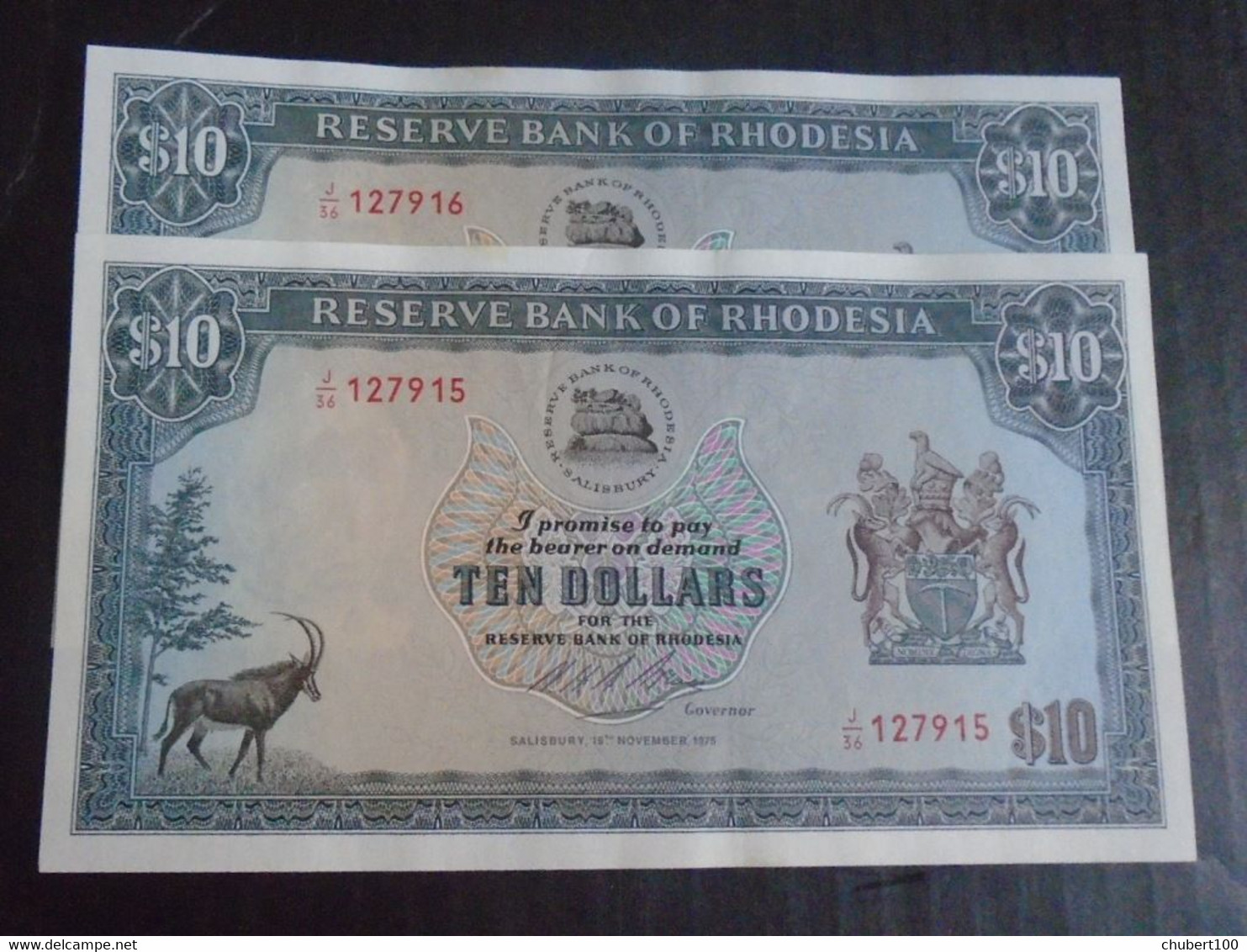 RHODESIA ,  P 33h,   10 Dollar , November 1975 , Almost UNC  Presque Neuf , 2 Notes - Rhodesia