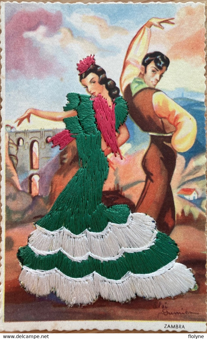 Espagne - Cpa Brodée - Danseurs De Flamenco - Danse - Cpa Illustrateur - España - Autres & Non Classés