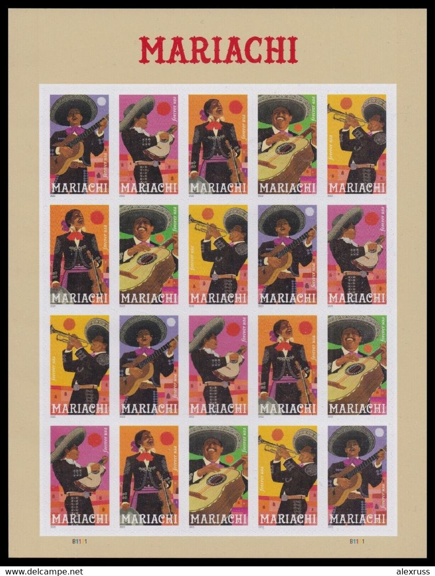 US 2022, Music, Mariachi, Forever Stamps, Sheet 20 Stamps 68c, Scott # 5703-5707, VF MNH** - Volledige Vellen