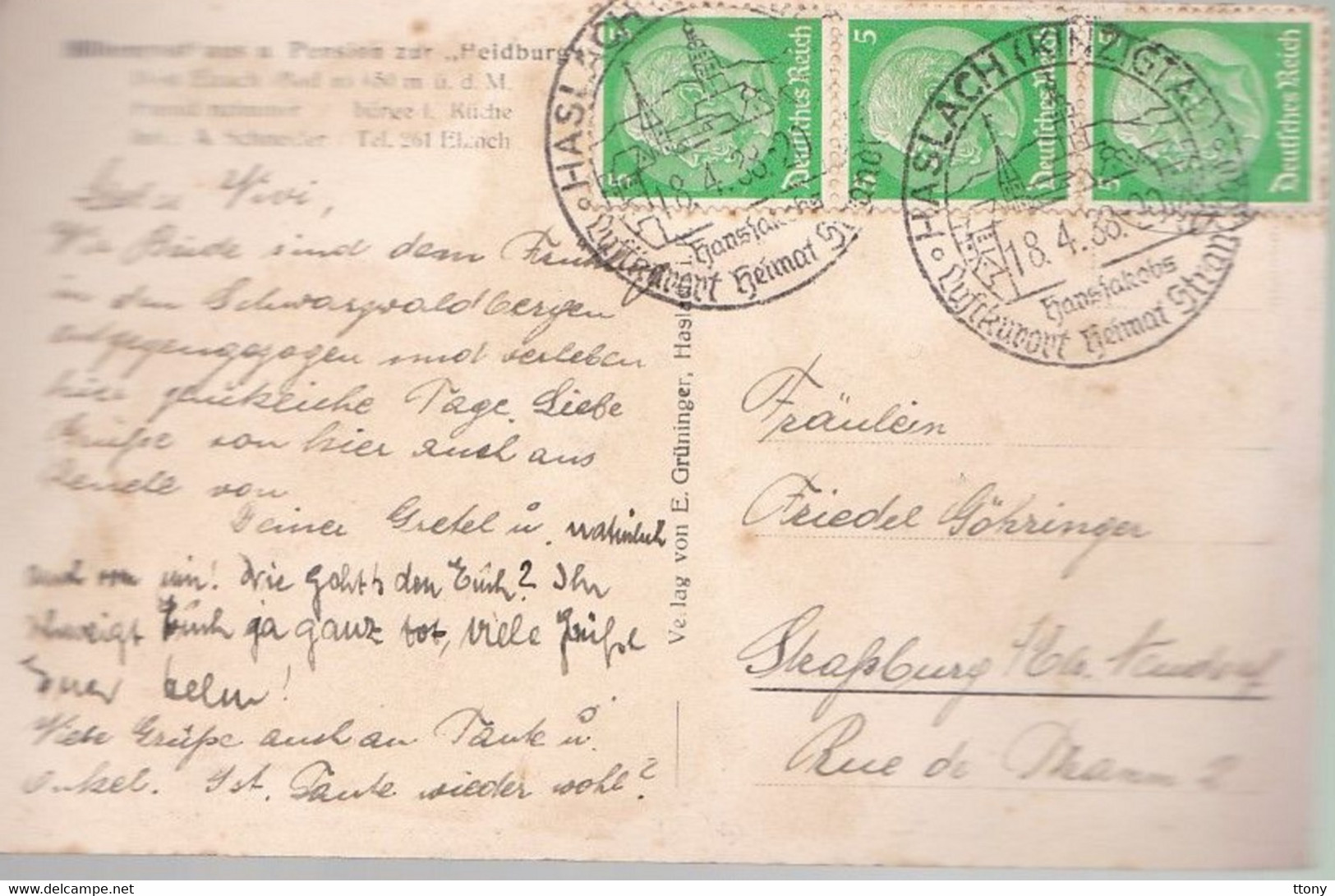 CPA  :    Elzach Pension Heidburg   Cachet Haslach   Carte Circulée - Elzach