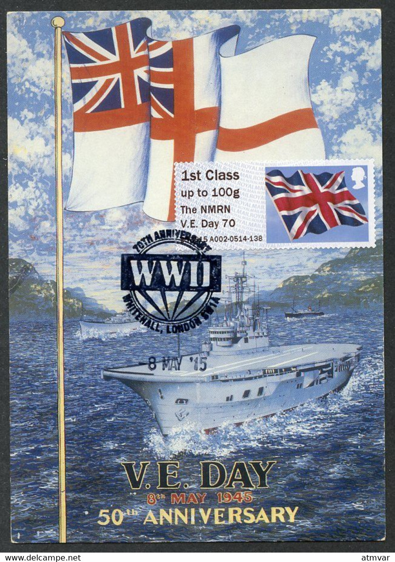 UK / GRANDE BRETAGNE (2015) Carte Maximum Card ATM Post&Go - V.E. Day WWII 70th Anniversary, Union Flag, Warship - Cartes-Maximum (CM)