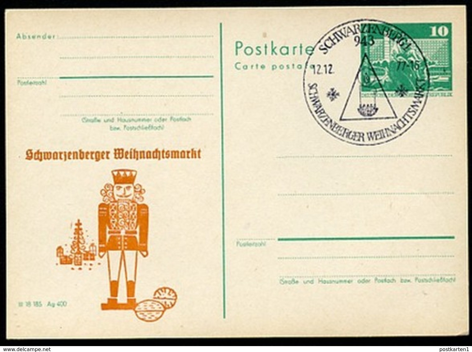 DDR P79-13a-77 C49 Postkarte PRIVATER ZUDRUCK Weihnachtsmarkt Schwarzenberg Sost. 1977 - Privé Postkaarten - Gebruikt