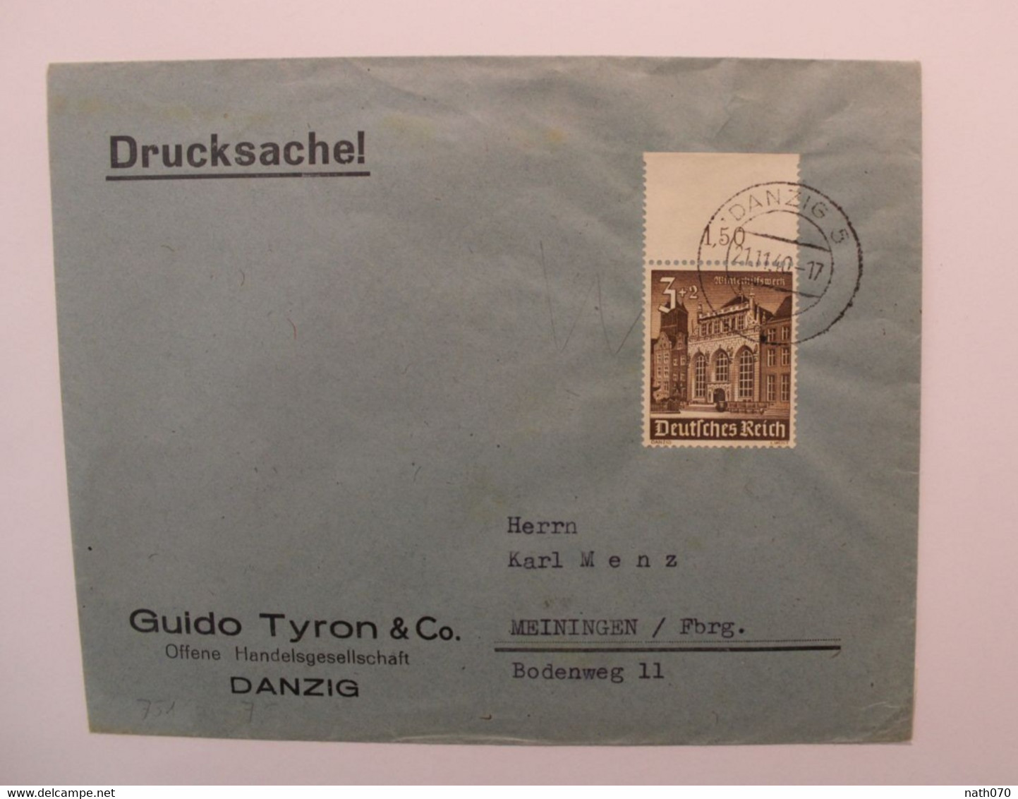 1940 Danzig Meiningen Cover Dt Reich Wk2 Gdańsk Dantzig Drucksache Bord De Feuille - Occupation 1938-45