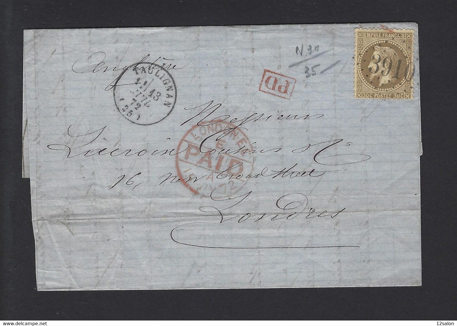 LETTRE N°30 De TAULIGNAN GC 3910 Pour LONDRES - 1849-1876: Période Classique