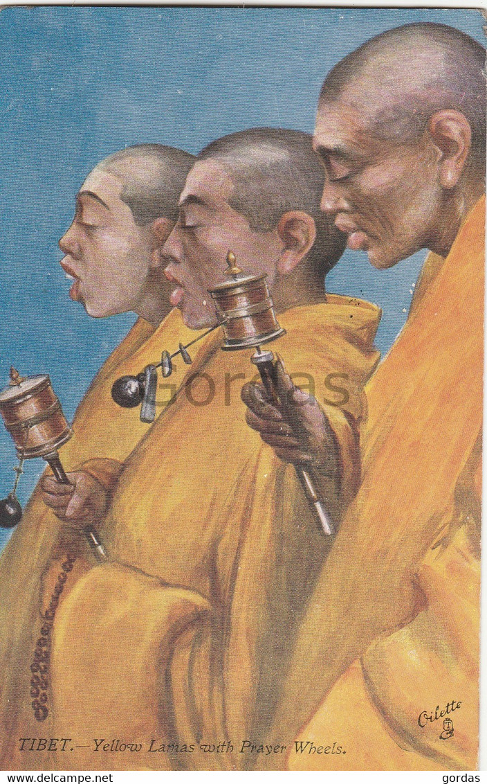 Tibet - Yello Lamas With Prayer Wheels - Illustrateur - Monk - Tibet