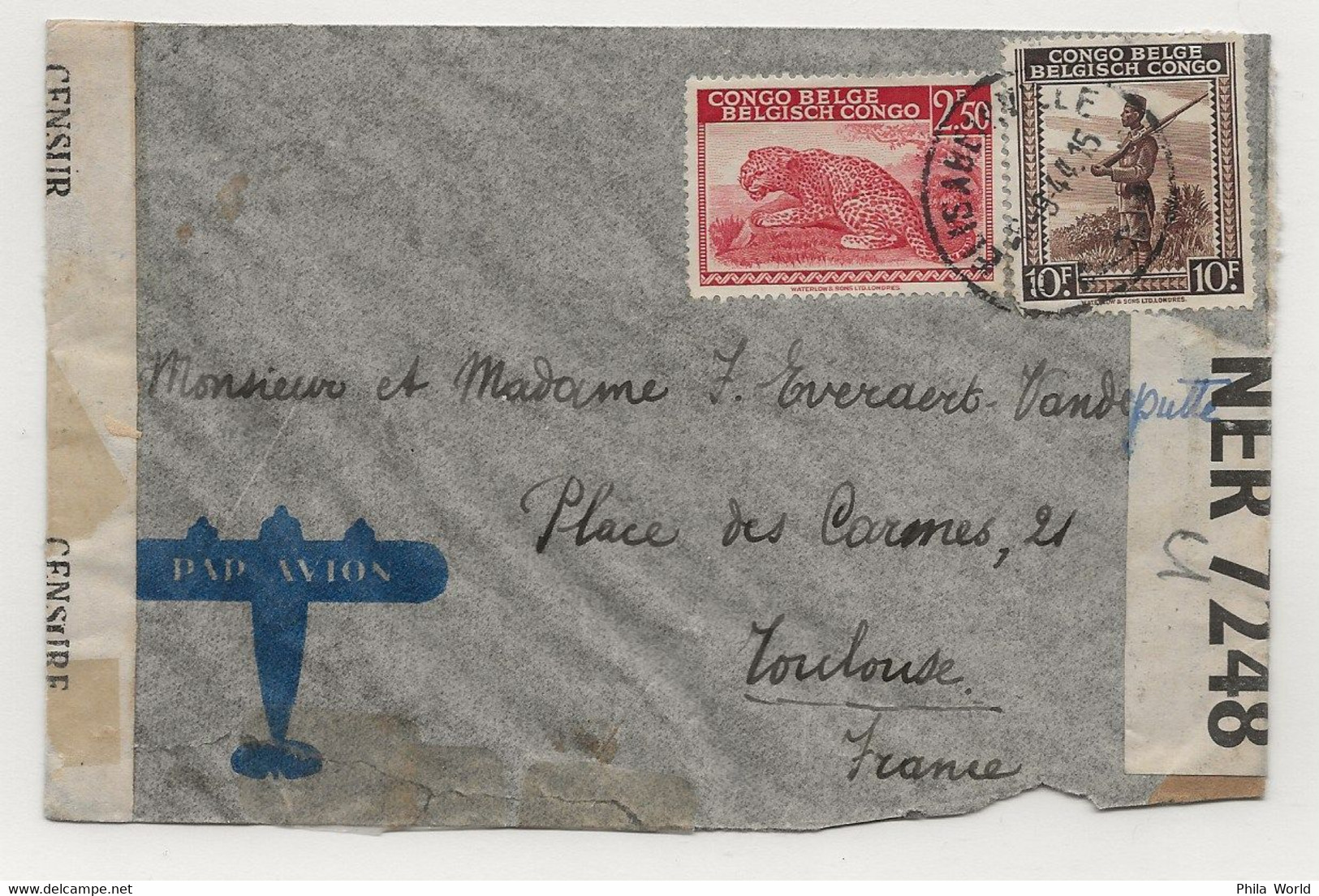PANAM WW2 1944 FAM22 Air Mail Cover CONGO BELGE FRANCE Elisabethville Via Leopoldville Transit US Censor EXAMINER 7248 - Aviones