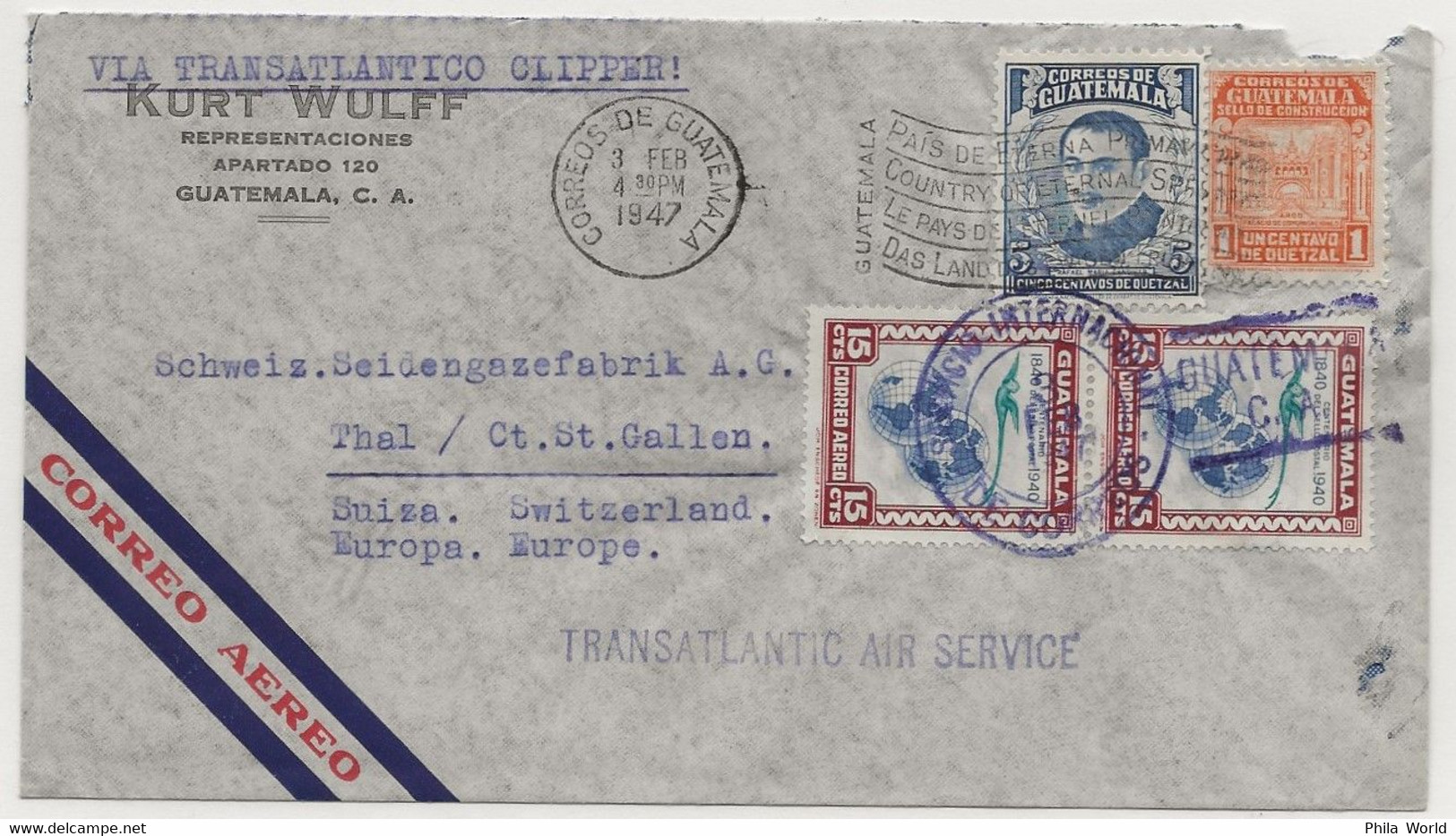 TRANSATLANTIC AIR SERVICE CLIPPER 1947 GUATEMALA Air Mail Cover SUISSE SWISS Via Transoceanico - Flugzeuge