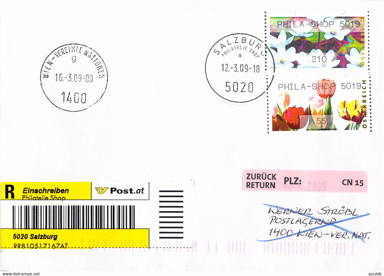 Austria Registered FDC 2009 ATM Flowers (both Types) Marked Phila-Shop 5019 (T21-58) - Viñetas De Franqueo [ATM]