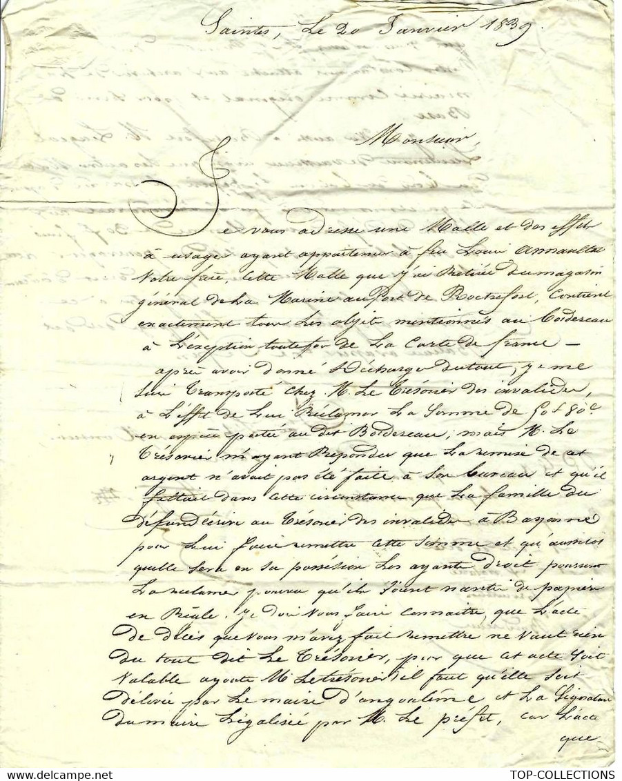 SAINTES 1839  DECES EN MER à Bord Du Vapeur LE PAPIN  Louis Annauttat 1838 LETTRE SIGN.MALLE DEMARCHES  MARINE ROCHEFORT - Documentos Históricos