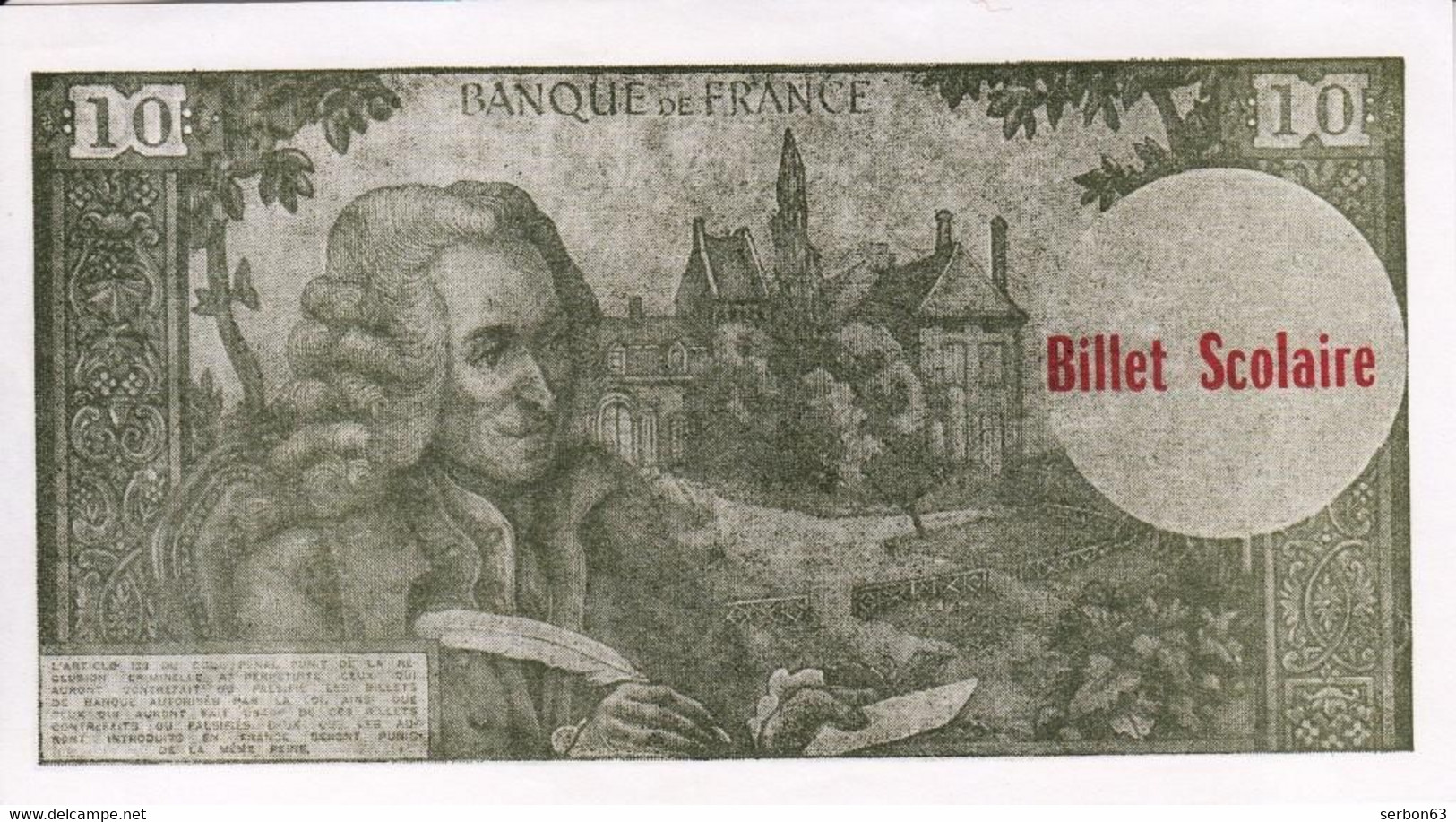 BILLET SCOLAIRE DE 10 FRANCS VOLTAIRE ETAT REMARQUABLE - Ficción & Especímenes