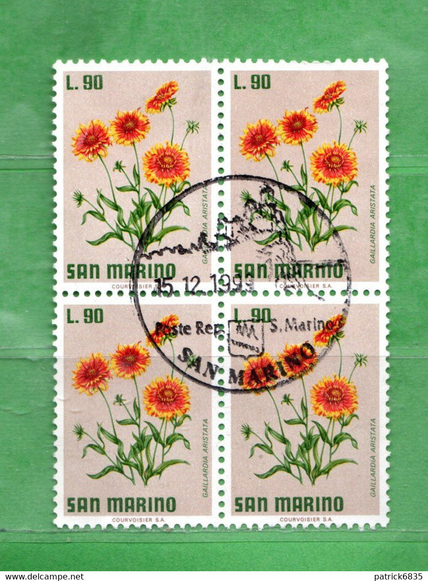 SAN MARINO ° 1971  - FIORI-FLEURS-FLOWERS.  Lire.90.Unif. 844. QUARTINA Usati - Used Stamps