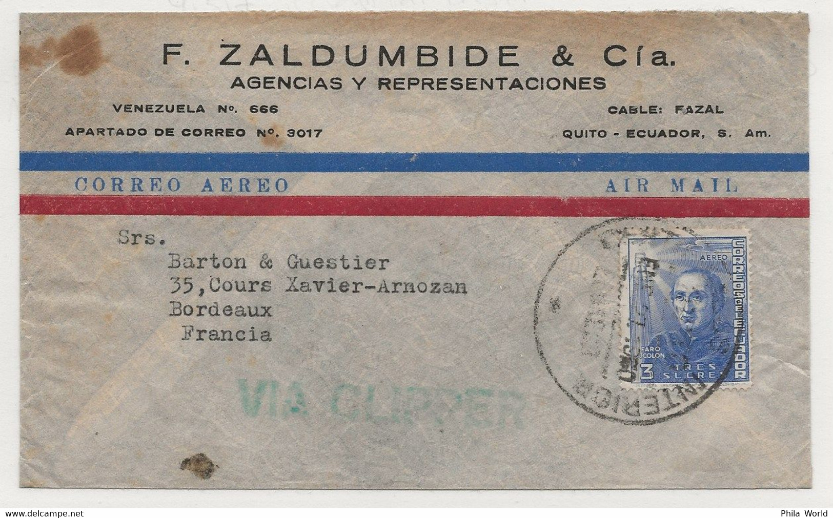 TRANSATLANTIC AIR SERVICE VIA CLIPPER 1950 EQUATEUR ECUADOR Air Mail Cover FRANCE Bordeaux Correo Aereo - Avions