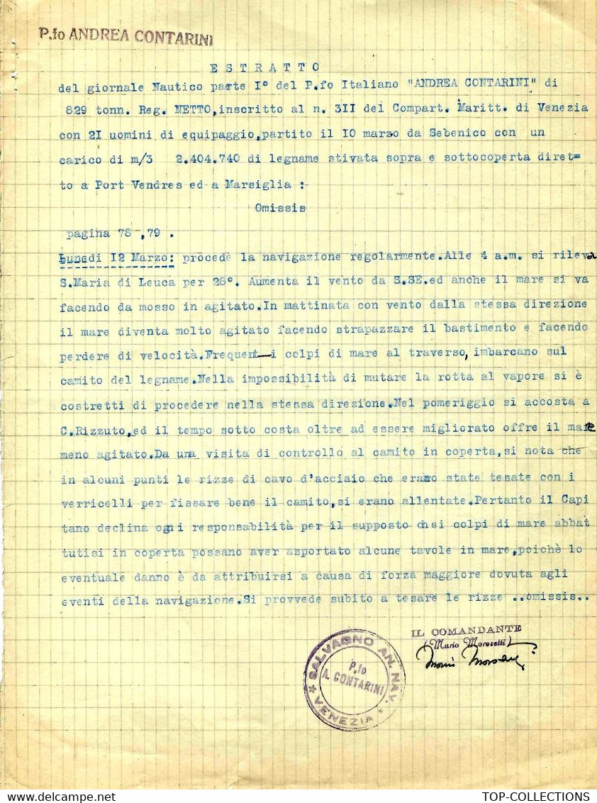 1951  RAPPORT CAPITAINE  CHARGEMENT VAPEUR « Andréa Contarini » De Sibenik & Dubrovnik  à Marseille & Port Vendres - Historische Dokumente