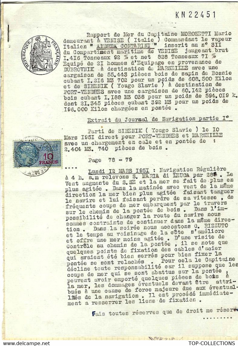 1951  RAPPORT CAPITAINE  CHARGEMENT VAPEUR « Andréa Contarini » De Sibenik & Dubrovnik  à Marseille & Port Vendres - Documentos Históricos