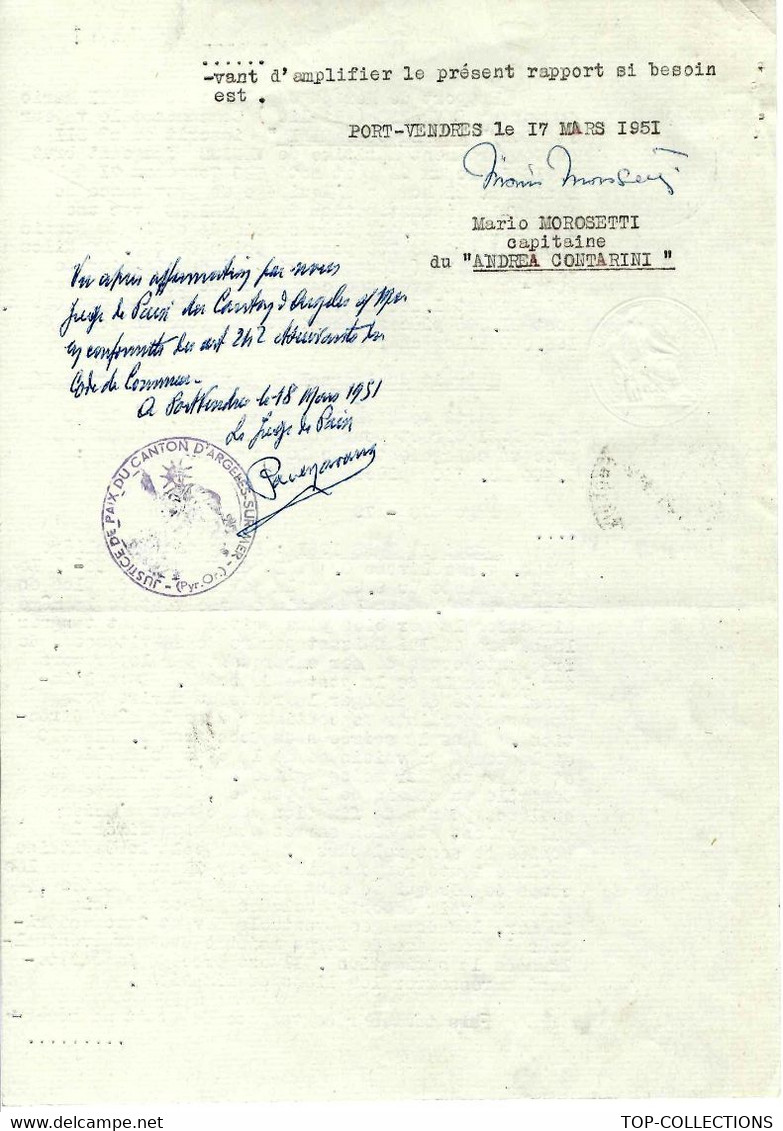 1951  RAPPORT CAPITAINE  CHARGEMENT VAPEUR « Andréa Contarini » De Sibenik & Dubrovnik  à Marseille & Port Vendres - Documentos Históricos