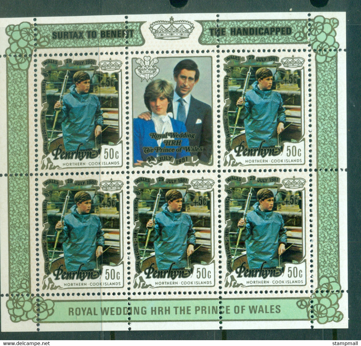 Penrhyn Is 1981 Royal Wedding Charles & Diana Surch 50c MS MUH - Penrhyn