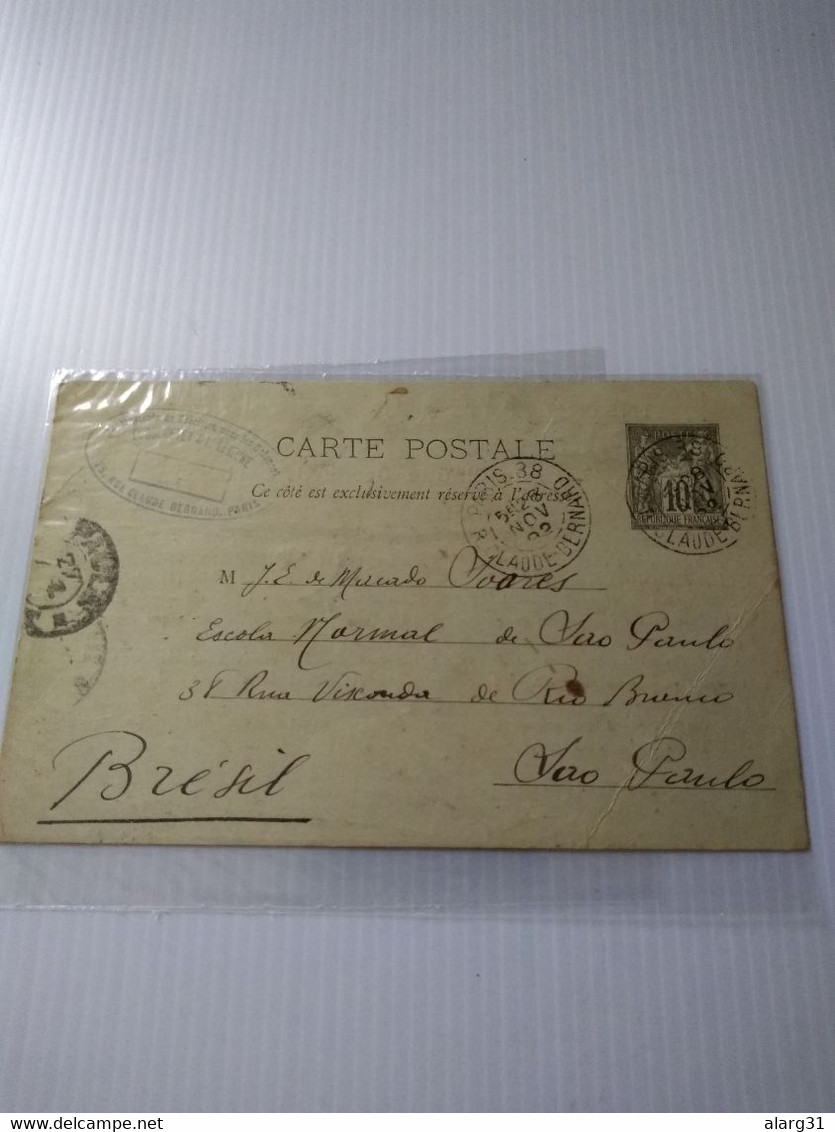 France 1892 Postal Card To Brasil.paris 38.ducretet&lejeune Science Instrumental.signed.e7 Reg Post - Pseudo-entiers Privés