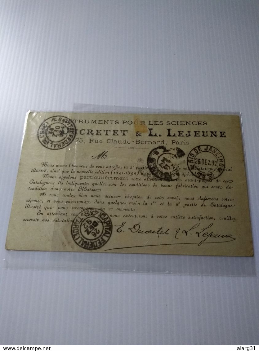 France 1892 Postal Card To Brasil.paris 38.ducretet&lejeune Science Instrumental.signed.e7 Reg Post - Private Stationery
