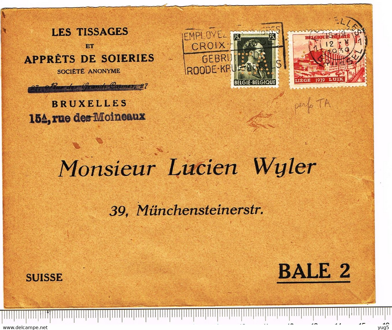 Lettre1939  Vers La Suisse Avec 480 Et 485 Perforés TA Et AT - 1934-51