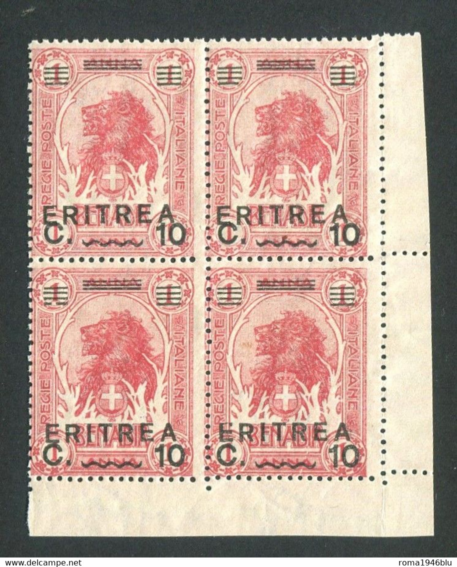 ERITREA 1922 10 C.  Su 1 A.** MNH QUARTINA ANGOLO DI FOGLIO - Eritrea