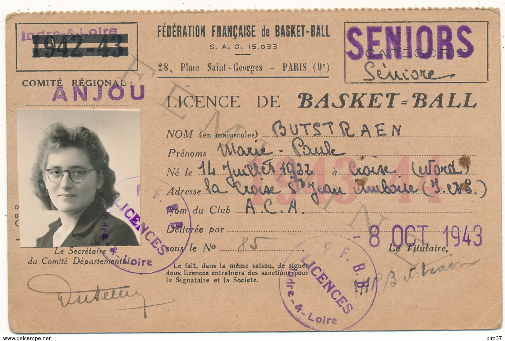 Carte, Licence De BASKET-BALL - Athlétic Club Amboisien, Seniors, 1943 - Autres & Non Classés