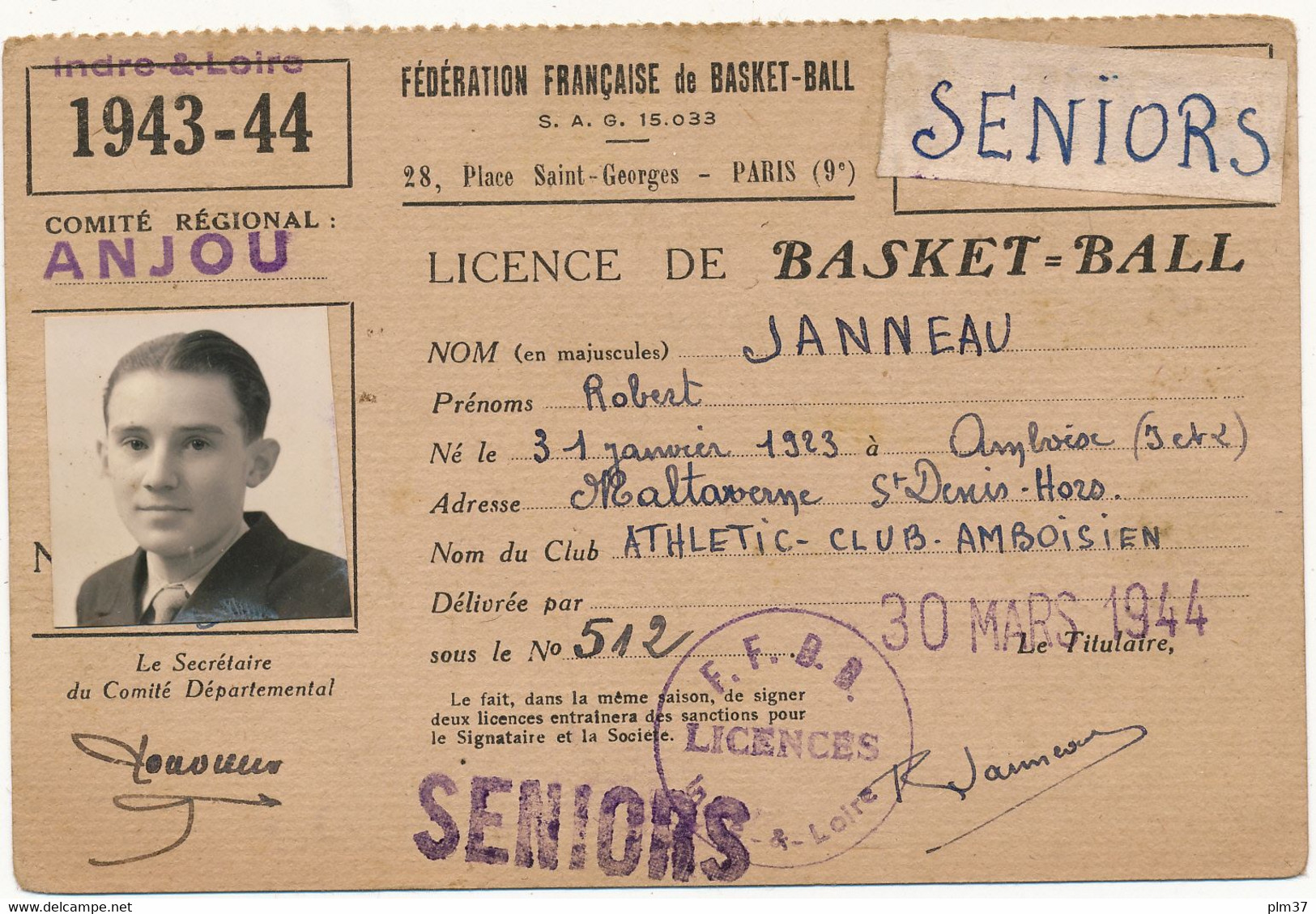 Carte, Licence De BASKET-BALL - Athlétic Club Amboisien, Seniors, 1944 - Autres & Non Classés