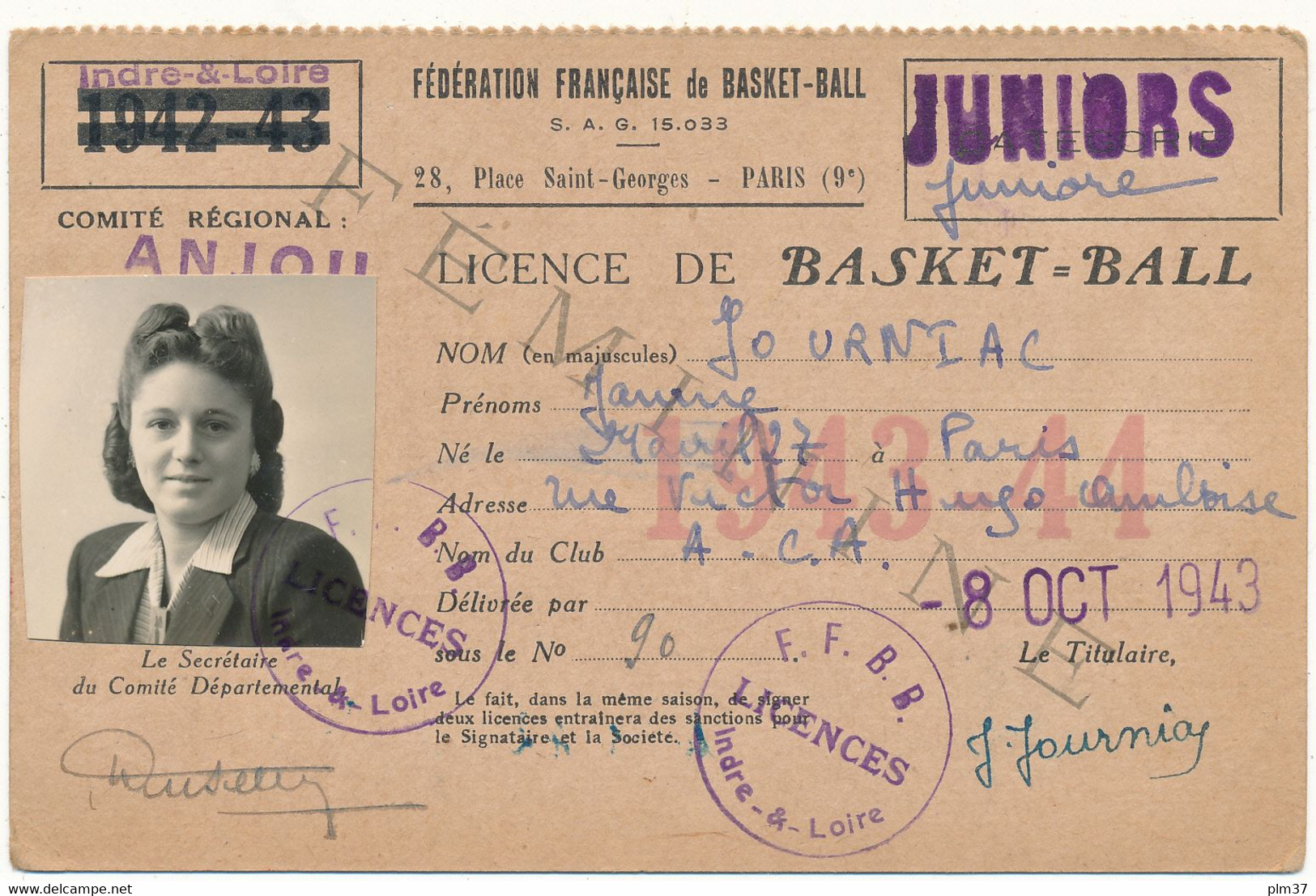 Carte, Licence De BASKET-BALL - Athlétic Club Amboisien, Juniors, 1943 - Andere & Zonder Classificatie