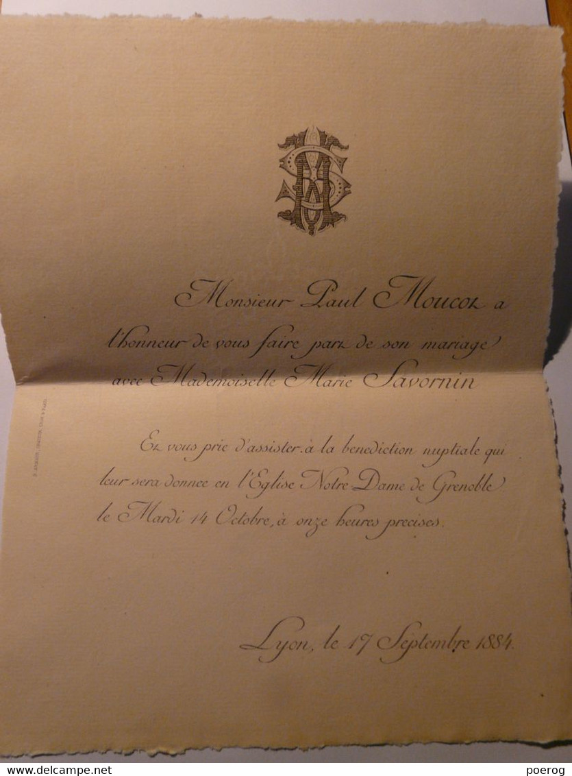 FAIRE PART DE MARIAGE 1884 - PAUL MOUCOT ET MARIE SAVORNIN - CEREMONIE NUPTIALE - LYON GRENOBLE - DOCTEUR & MME PEGOUD - Mariage