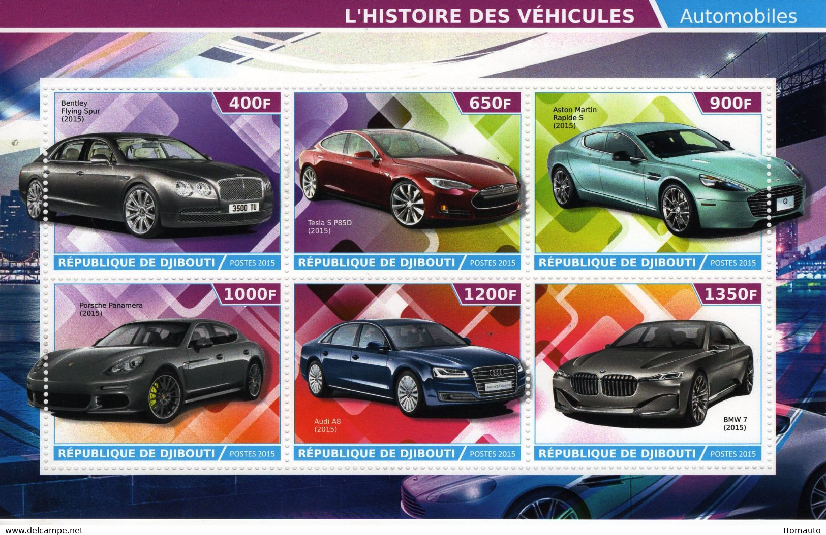 Djibouti 2015  -  L'Histoire Des Véhicules - Bentley-Tesla-Aston-Porsche-Audi-BMW - 6v Feuillet  Mint/Neuf - Coches