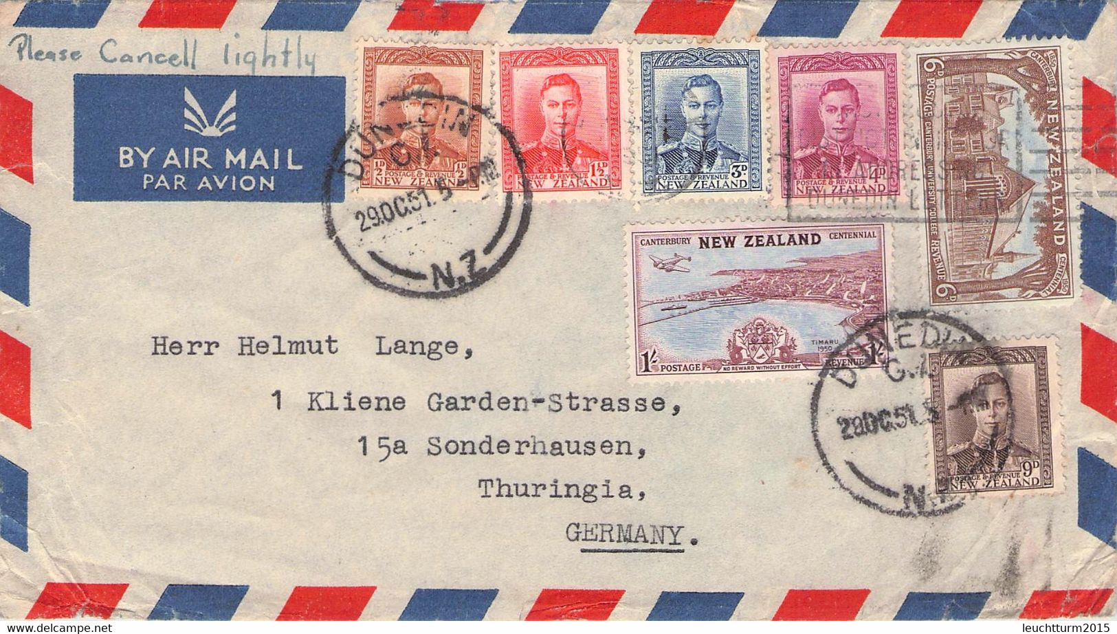 NEW ZEALAND - AIR MAIL 1951 DUNEDIN > SONDERHAUSEN/GDR / ZL378 - Corréo Aéreo