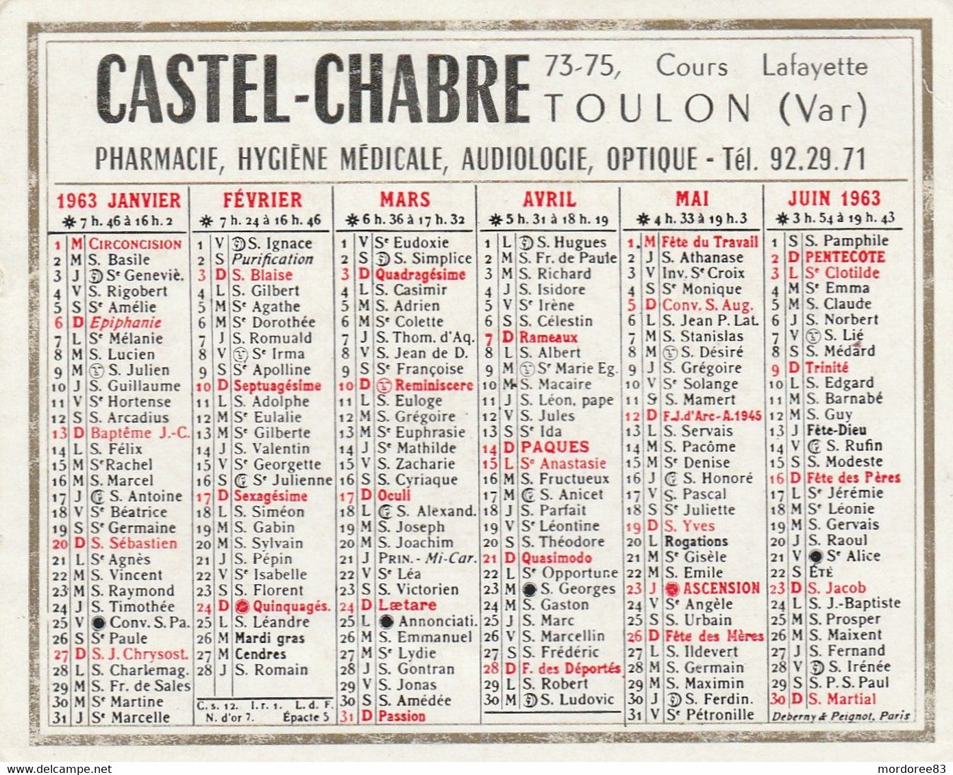 CALENDRIER 1963 CASTEL CHABRE TOULON - Petit Format : 1961-70