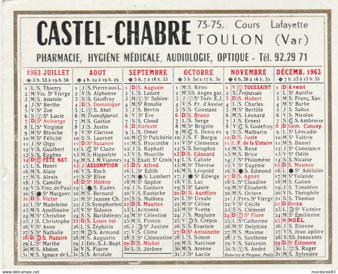 CALENDRIER 1963 CASTEL CHABRE TOULON - Petit Format : 1961-70