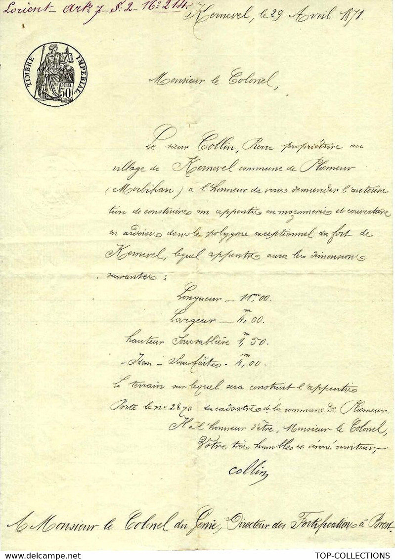 1871 Fort  De Kernevel à  Ploemeur Lorient Colllin Autorisation Construction Périmetre Militaire => Colonel Genie Brest - Historical Documents