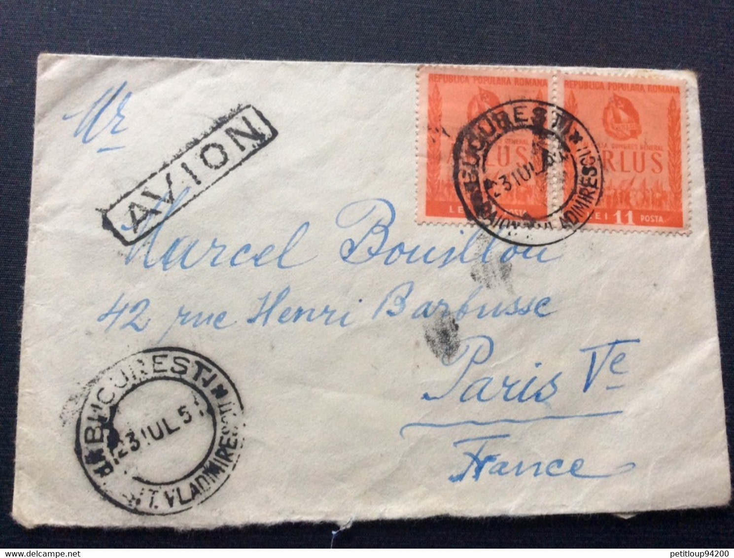 LETTRE  ROUMANIE>FRANCE Poste Aérienne 1951 - Lettres & Documents