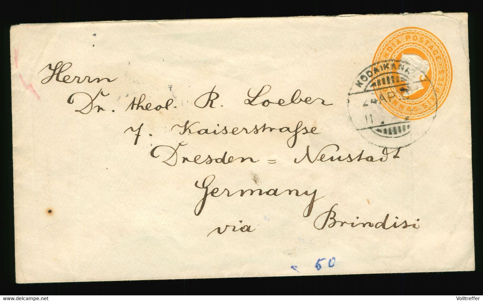 Ganzsache Umschlag 1907 Envelope Indien India Postage, Stempel Kodaikanal - Dresden,  Anna Six Pies - Briefe