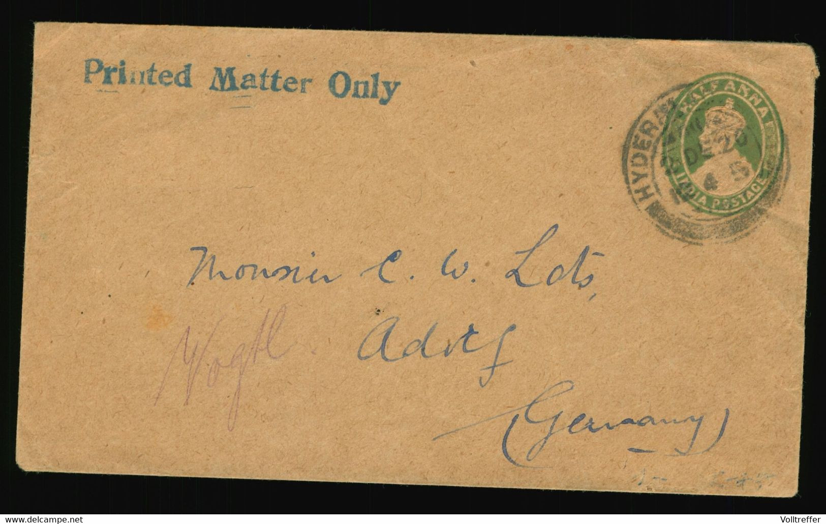 Ganzsache Umschlag 1920 Envelope Indien India Postage, Stempel Hyderabad, Half Anna, Nach Adorf Vogtland Deutschland - Briefe