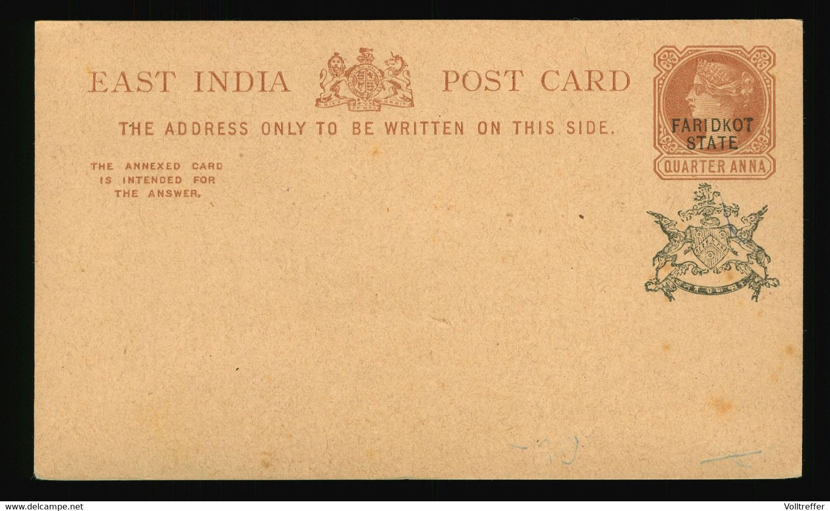 Ganzsache Karte Card Indien EAST INDIA POST CARD, Black Stamp Faridkot State + Extra Britisch Indien - Inland Letter Cards