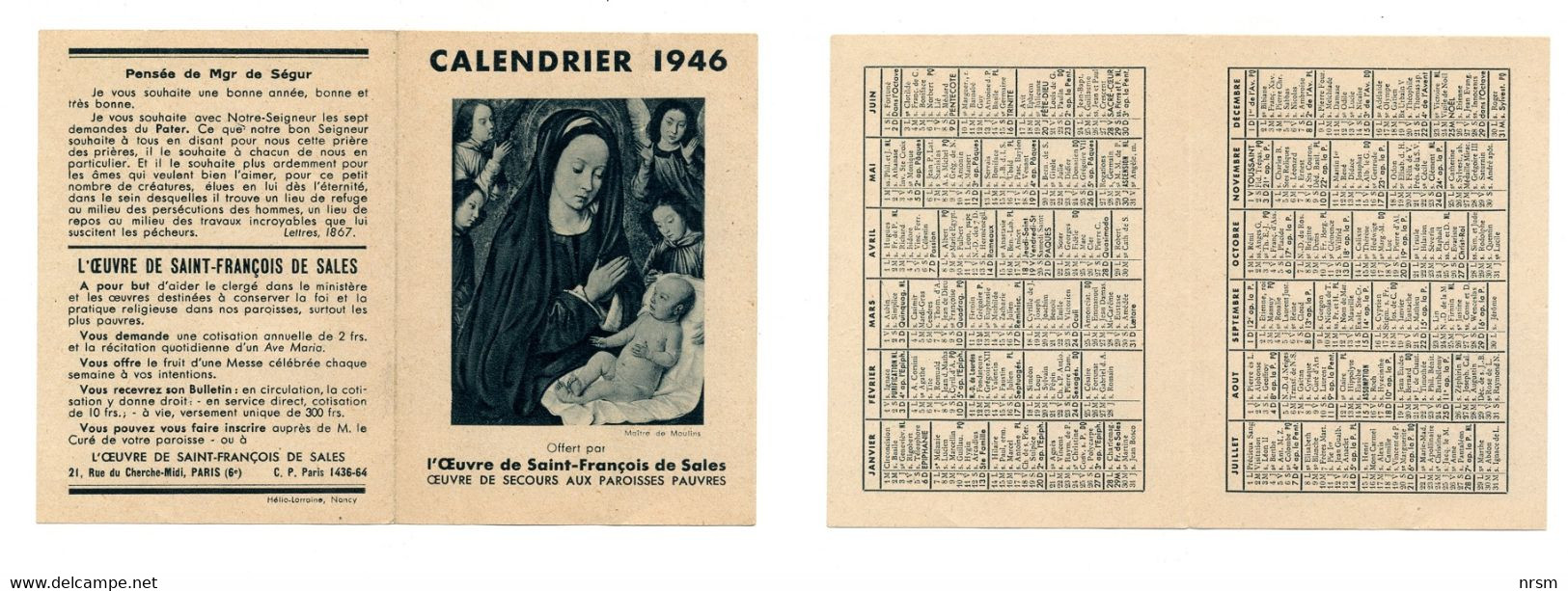 Calendrier 1946 - Oeuvre De St-François De Sales - Small : 1941-60