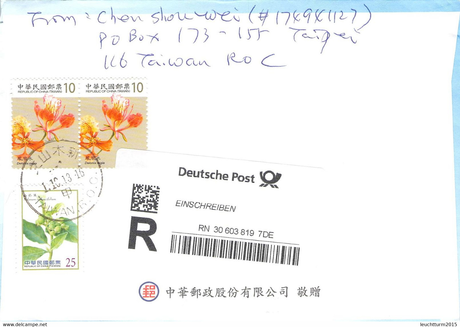 TAIWAN - REGISTERED AIR MAIL 2013 > BAD CAMBERG/DE / ZL395 - Airmail